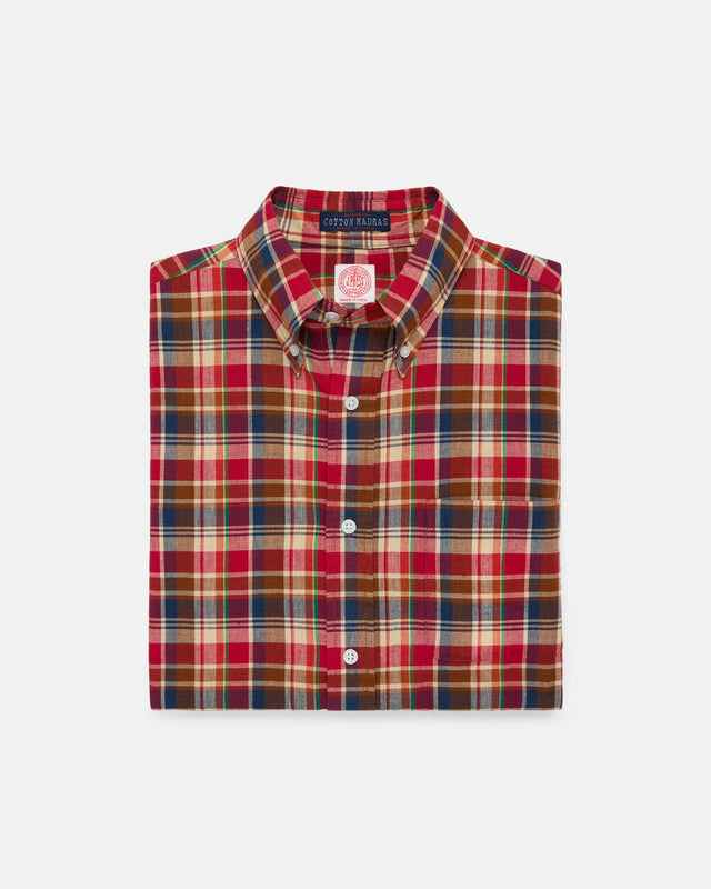 Red Navy Tan Madras Button Down Short Sleeve Shirt Classic Fit