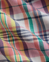 Pink Navy Yellow Madras Button Down Short Sleeve Shirt Classic Fit