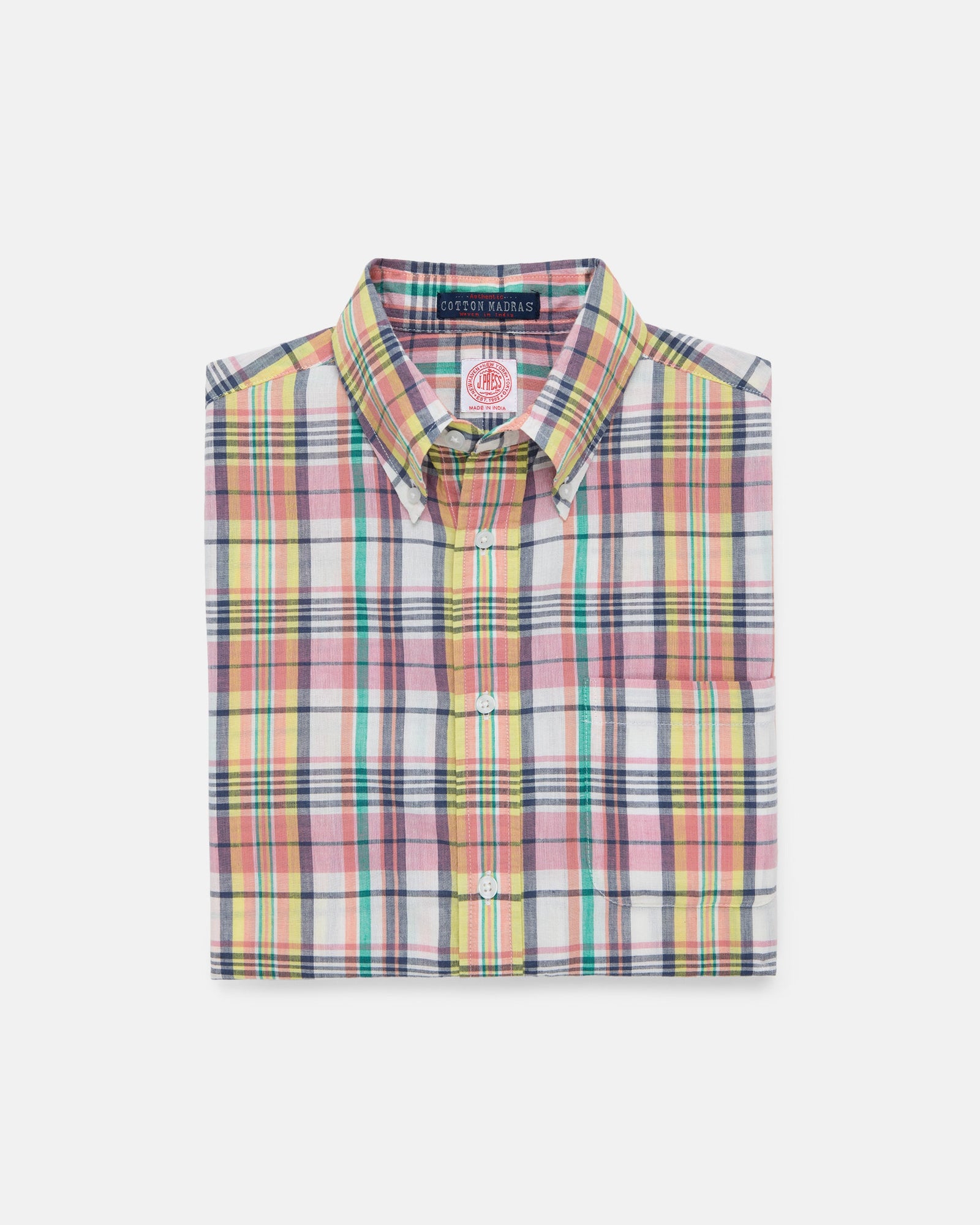 Pink Navy Yellow Madras Button Down Short Sleeve Shirt Classic Fit