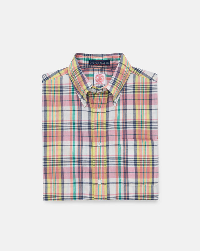 Pink Navy Yellow Madras Button Down Short Sleeve Shirt Classic Fit