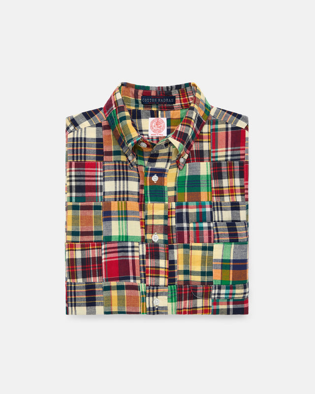 Patchwork Madras Button Down Short Sleeve Shirt Classic Fit