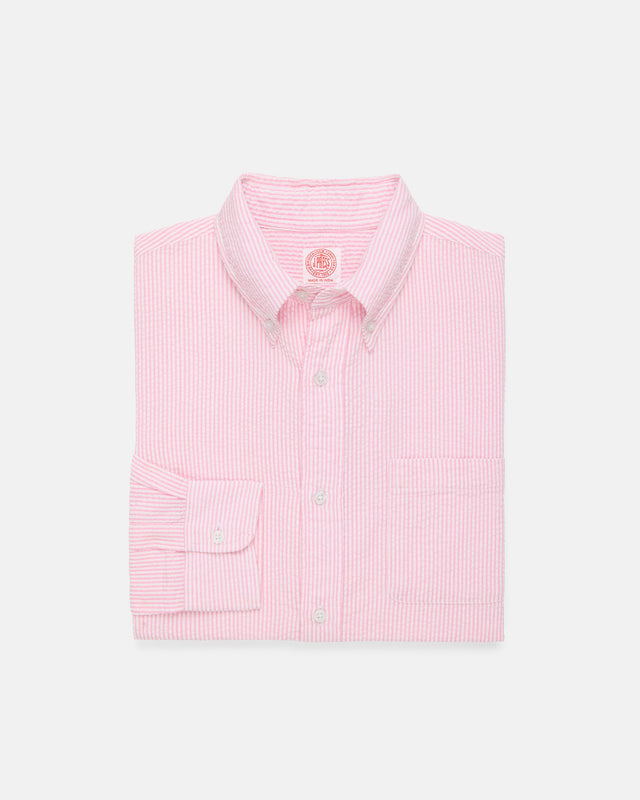 Pink White Stripe Seersucker Sport Shirt Classic Fit