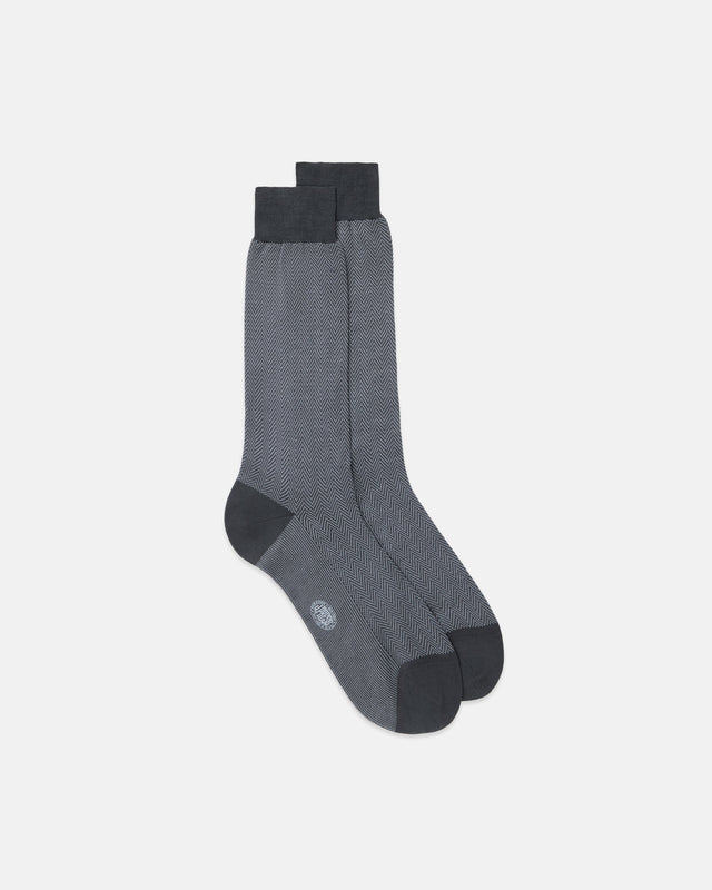 Made In Italy Grey Herringbone Cotton Mid Calf Socks