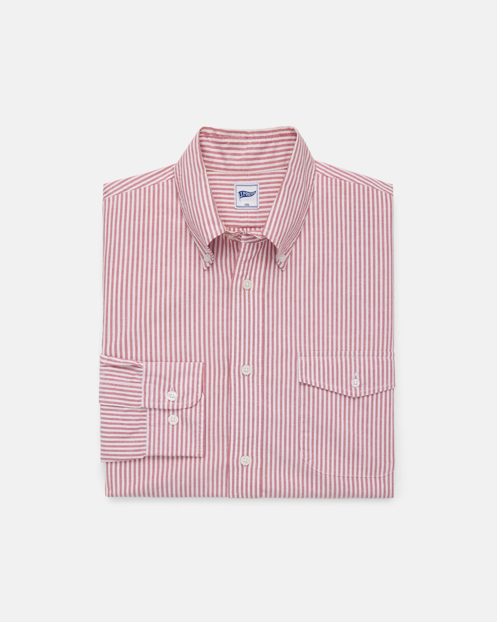 Red Enzyme Washed Oxford Striped Shirt Flap Pocket Trim Fit