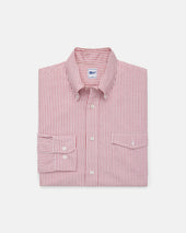 Red Enzyme Washed Oxford Striped Shirt Flap Pocket Trim Fit