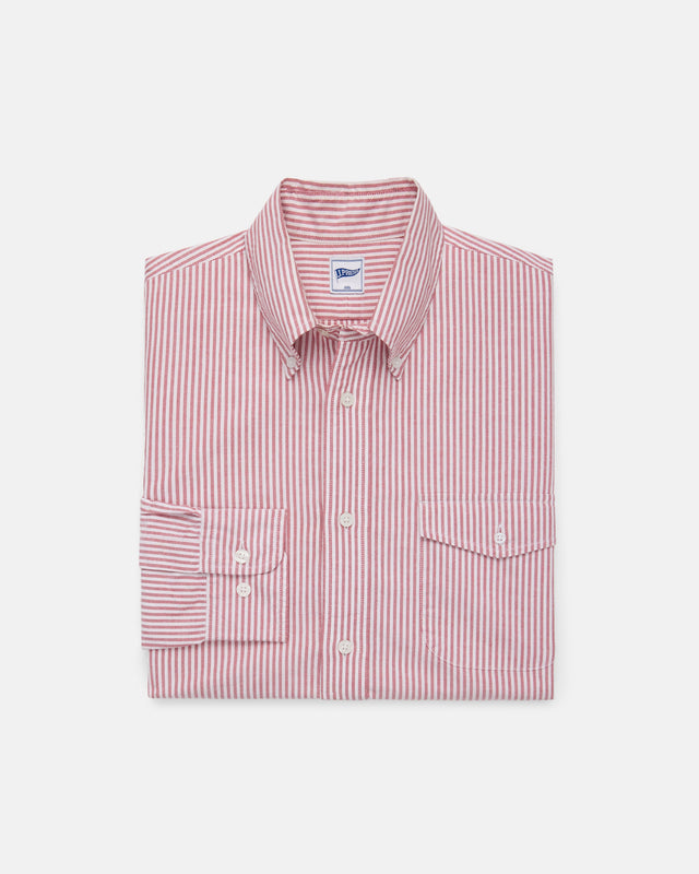 Red Enzyme Washed Oxford Striped Shirt Flap Pocket Trim Fit