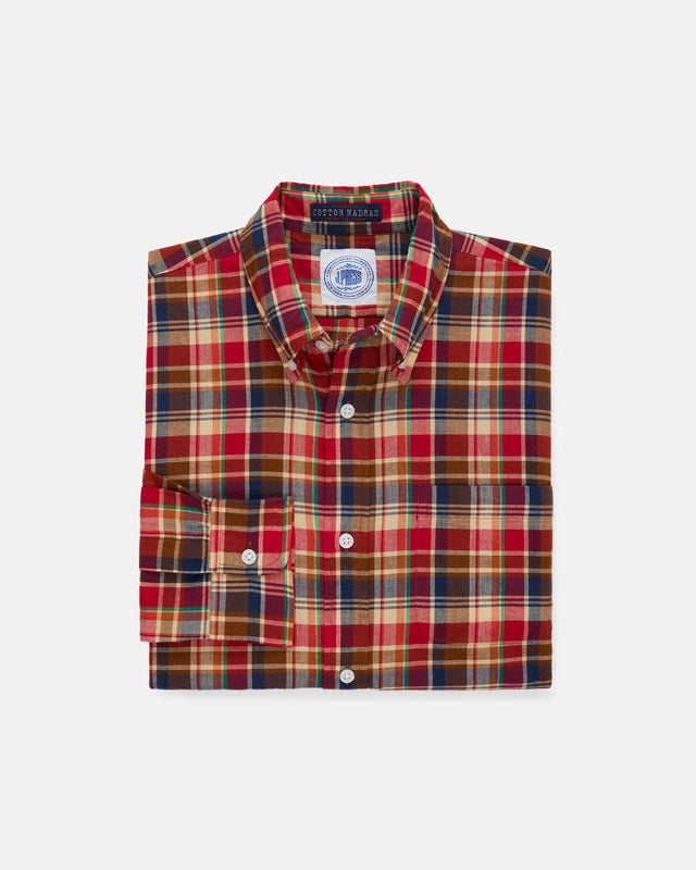 Red Navy Tan Madras Button Down Sport Shirt Classic Fit