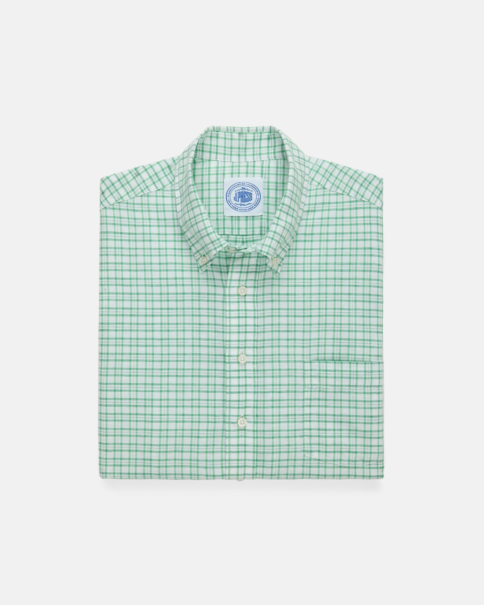 Green Check Cotton Linen Short Sleeve Sport Shirt Classic Fit