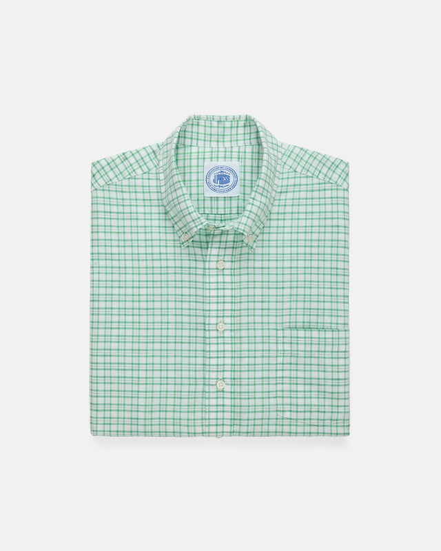 Green Check Cotton Linen Short Sleeve Sport Shirt Classic Fit