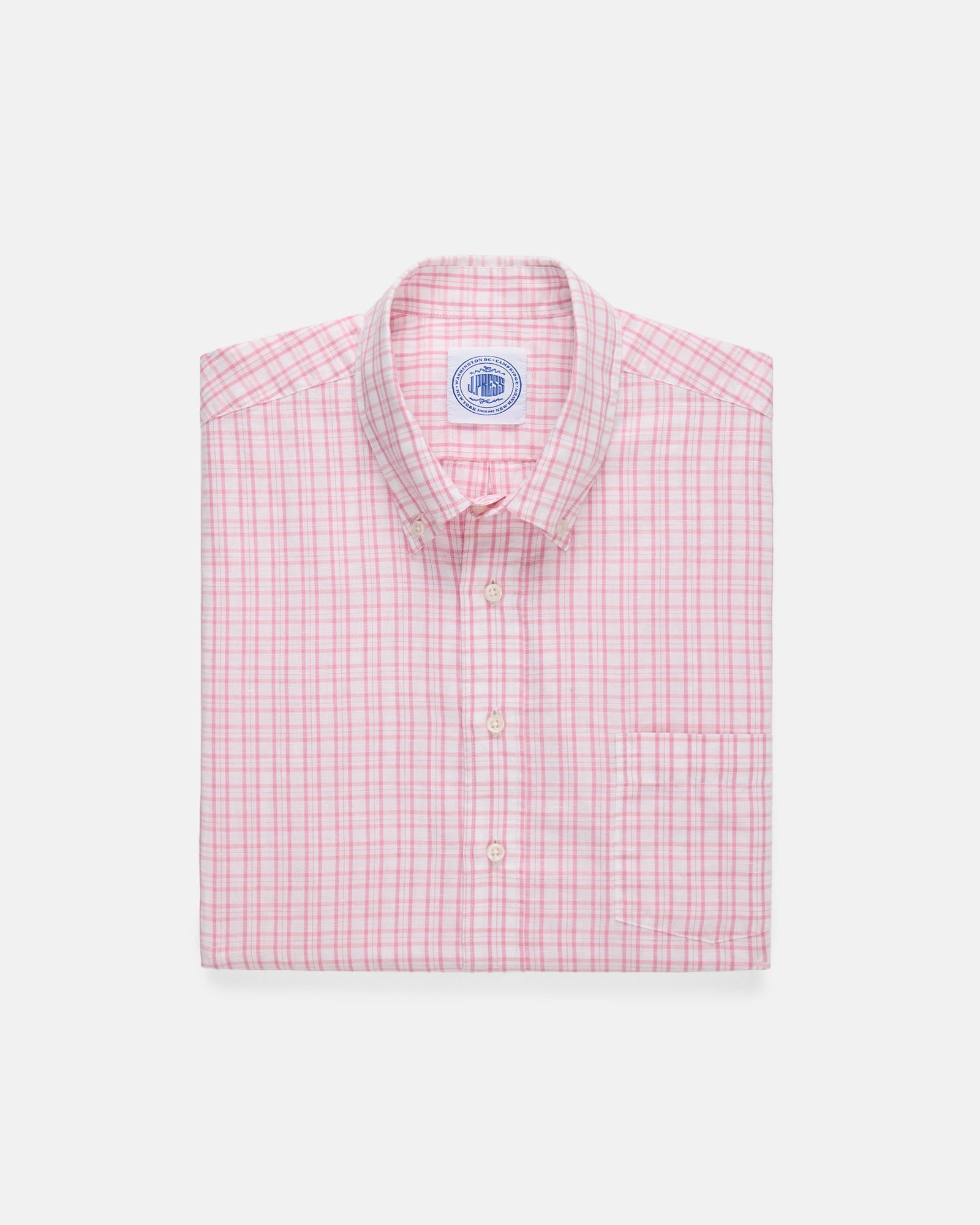Pink Check Cotton Linen Short Sleeve Sport Shirt Classic Fit