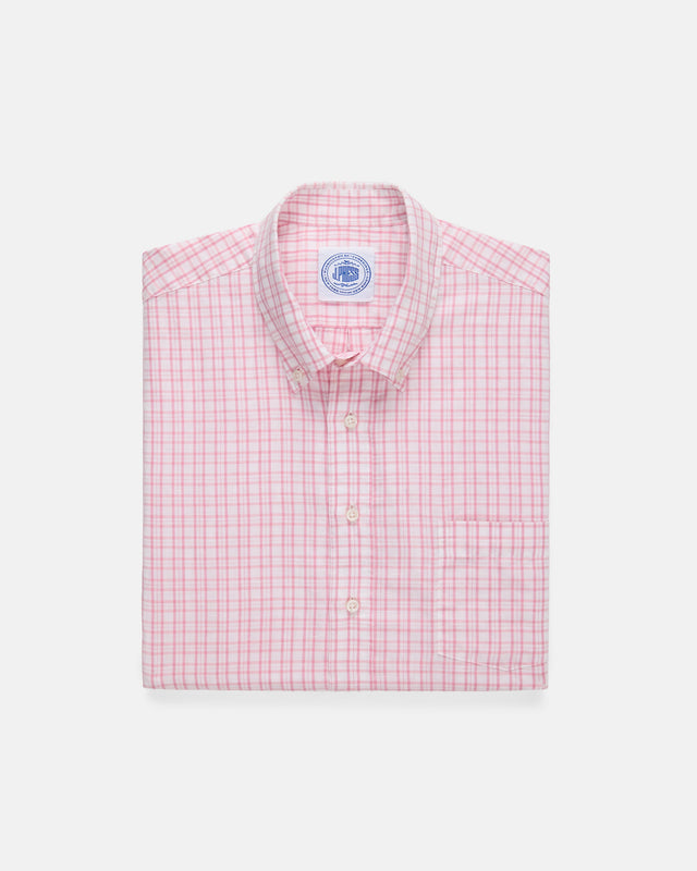Pink Check Cotton Linen Short Sleeve Sport Shirt Classic Fit
