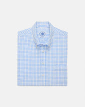 Light Blue Check Cotton/Linen Short Sleeve Sport Shirt - Classic Fit