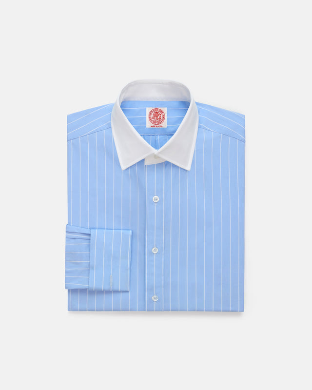 Made In Usa Thomas Mason White Stripe Spread Collar French Cuff Dress Shirt Classic Fit