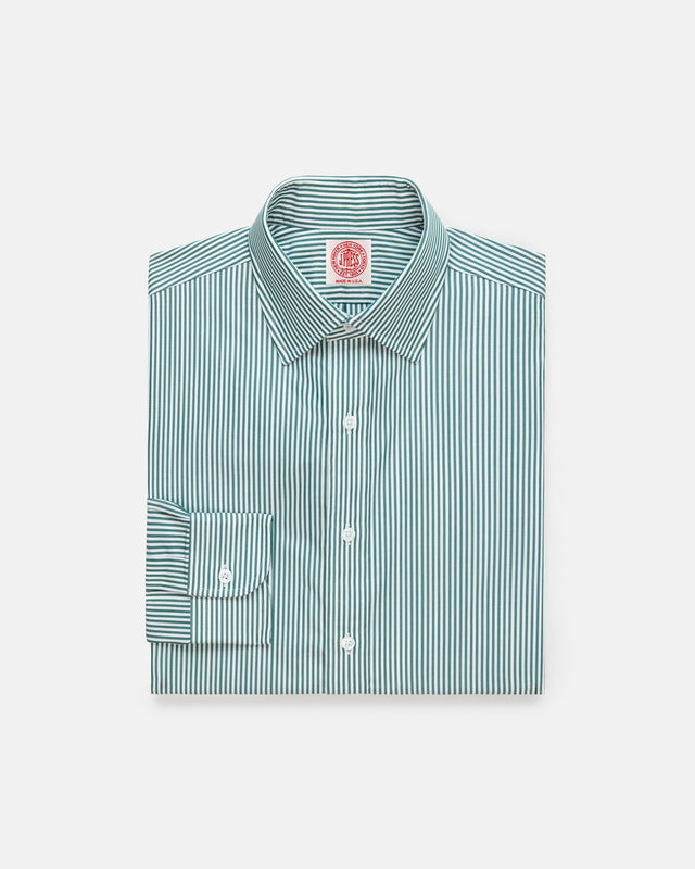 Made In Usa Thomas Mason Green Bengal Stripe Spread Collar Dress Shirt Classic Fit