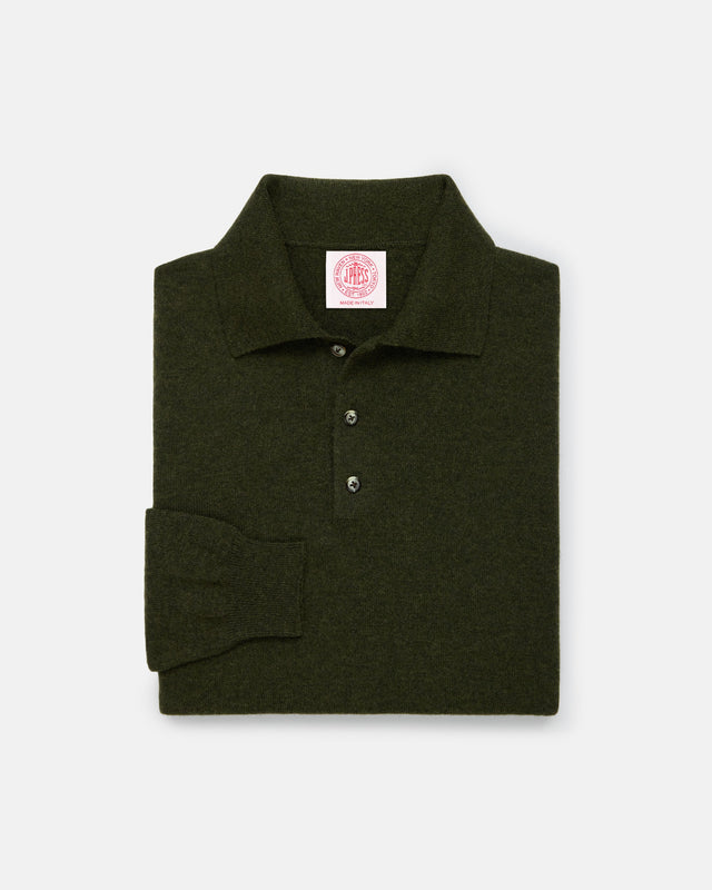 Made In Italy Loden Green Cashmere Long Sleeve Polo