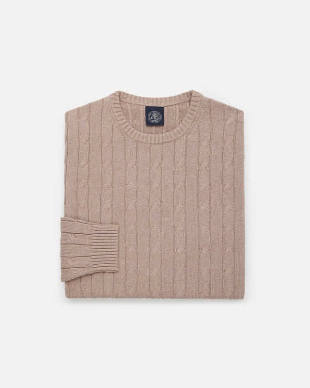 Light Brown Cotton Cashmere Cable Crewneck Sweater