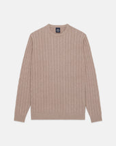 Light Brown Cotton Cashmere Cable Crewneck Sweater