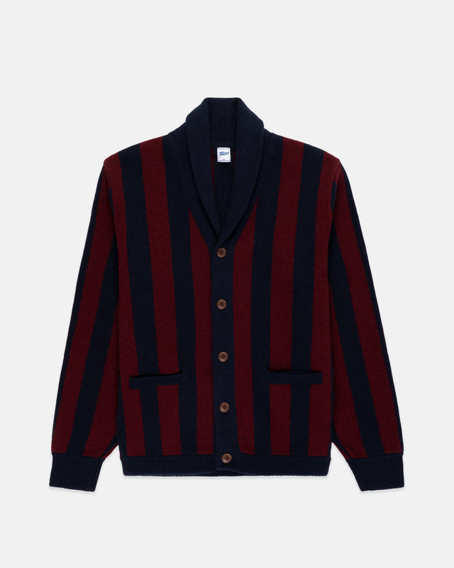 Burgundy Striped Varsity Style Cotton Cardigan Trim Fit