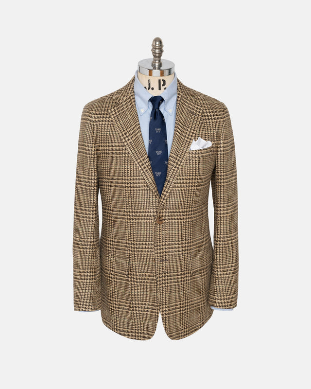 Made In Usa Tan Prince Of Wales Linen Silk Sport Coat