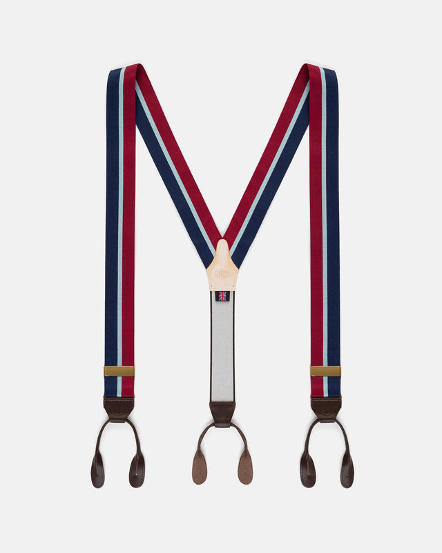 Made In England Red Navy Light Blue Striped Barathea Braces