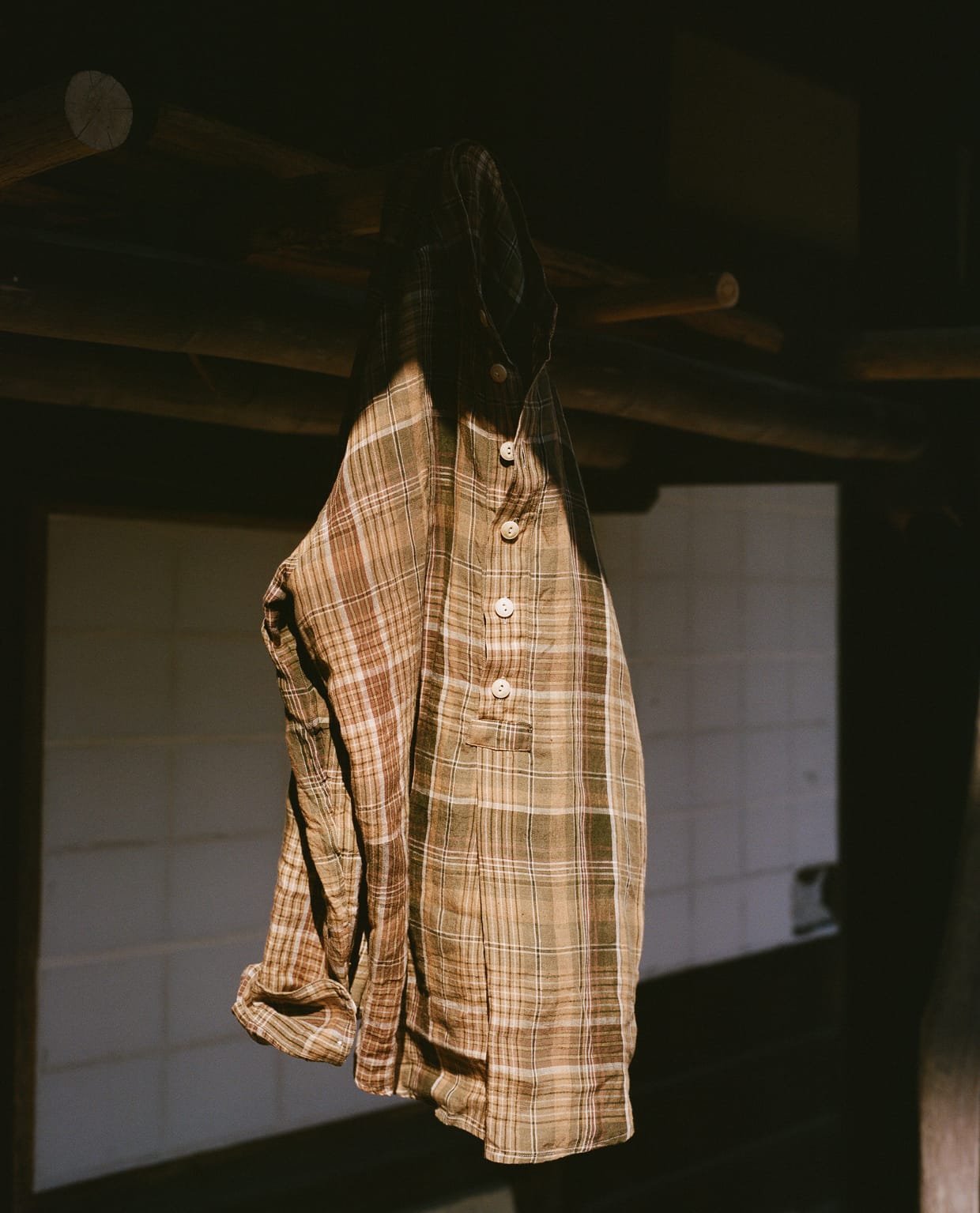Check Linen Mandarin Collar Popover Shirt