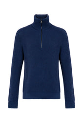 Ribbed Cashmere Zip Neck Mid Blue Jumper