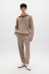 Ribbed Cashmere Zip Neck Light Brown Jumper