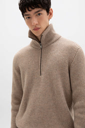 Ribbed Cashmere Zip Neck Light Brown Jumper