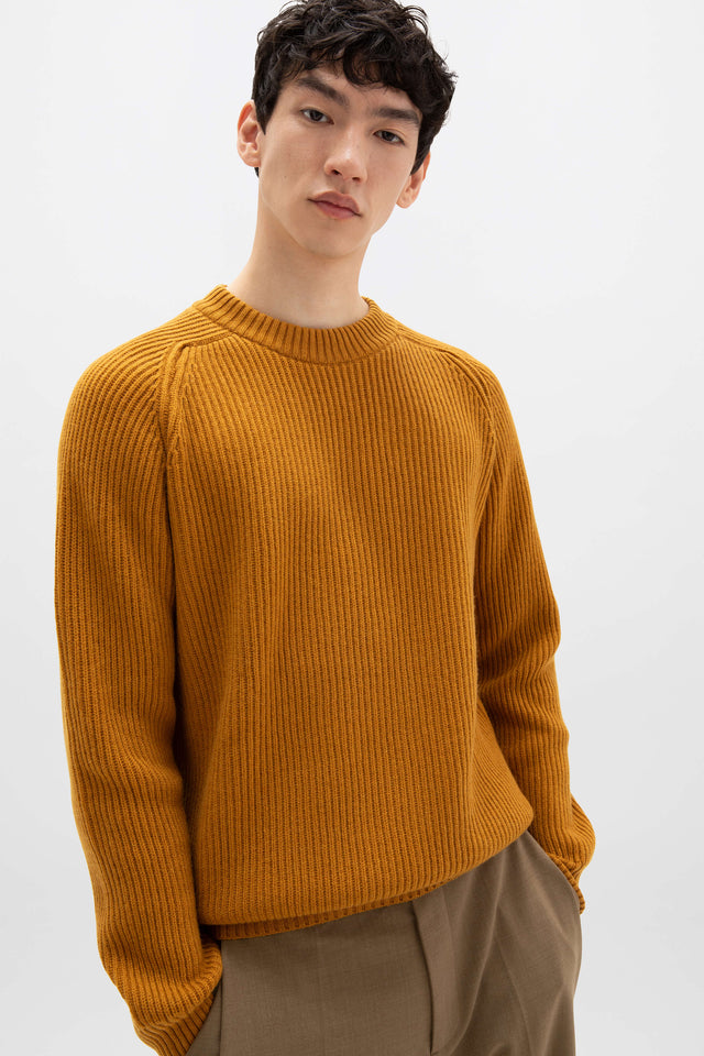 Dark Yellow Cashmere Ribbed Crew Neck Jumper