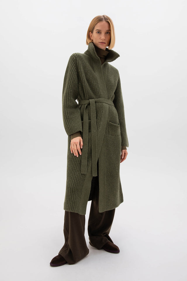 Chunky Rib Knit Olive Green Cashmere Cardigan