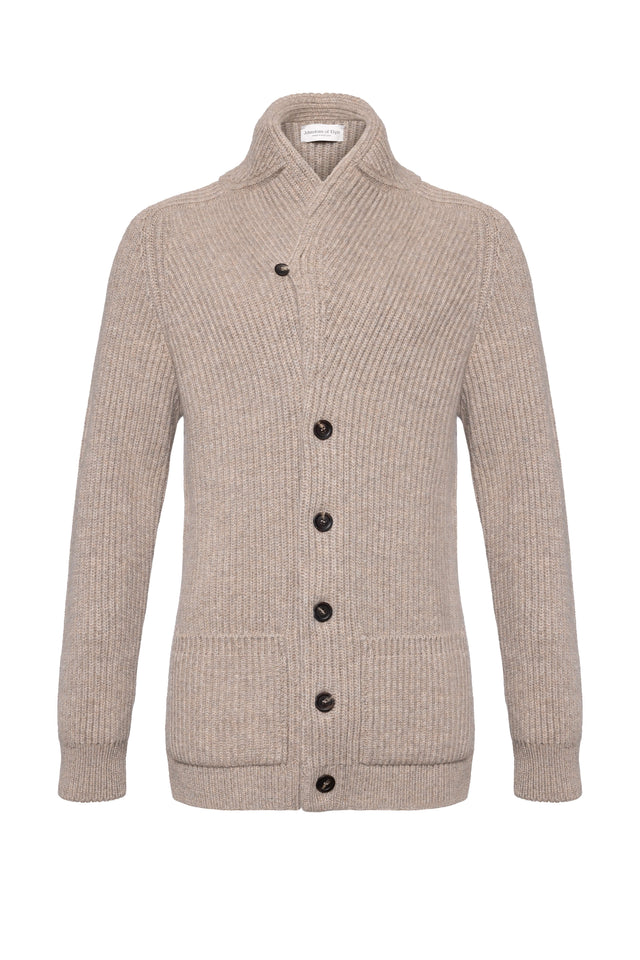 Ribbed Shawl Collar Light Brown Cashmere Cardigan