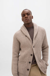 Ribbed Shawl Collar Light Brown Cashmere Cardigan