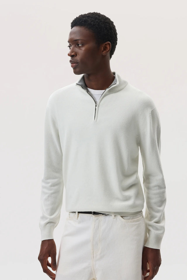 Contrast Trim Cashmere White Zip Neck Jumper
