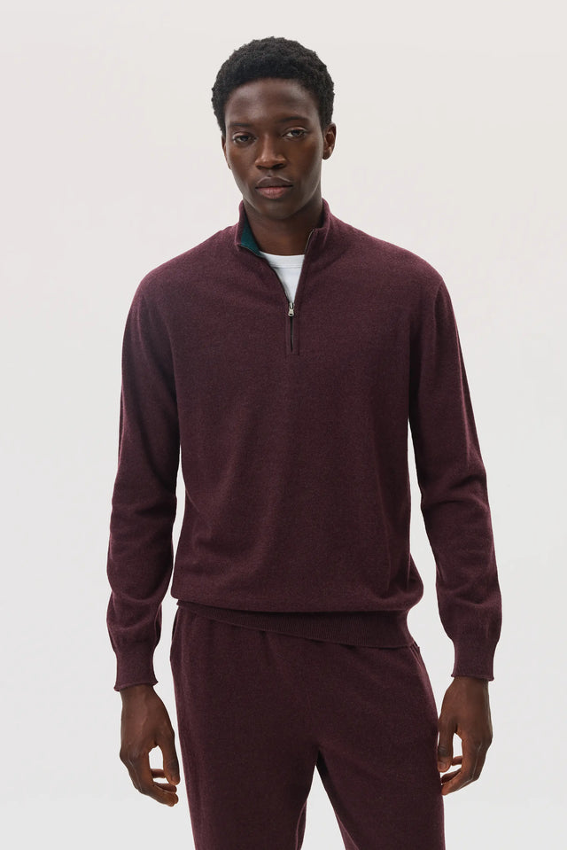 Contrast Trim Deep Red Cashmere Zip Neck Jumper