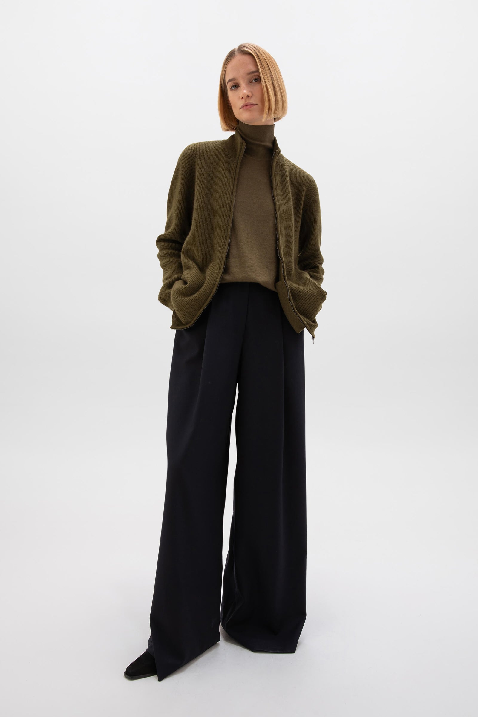 Front Zip Green Cashmere Cardigan