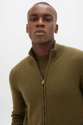 Front Zip Olive Green Cashmere Cardigan