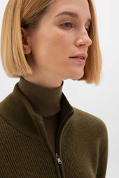Front Zip Olive Green Cashmere Cardigan