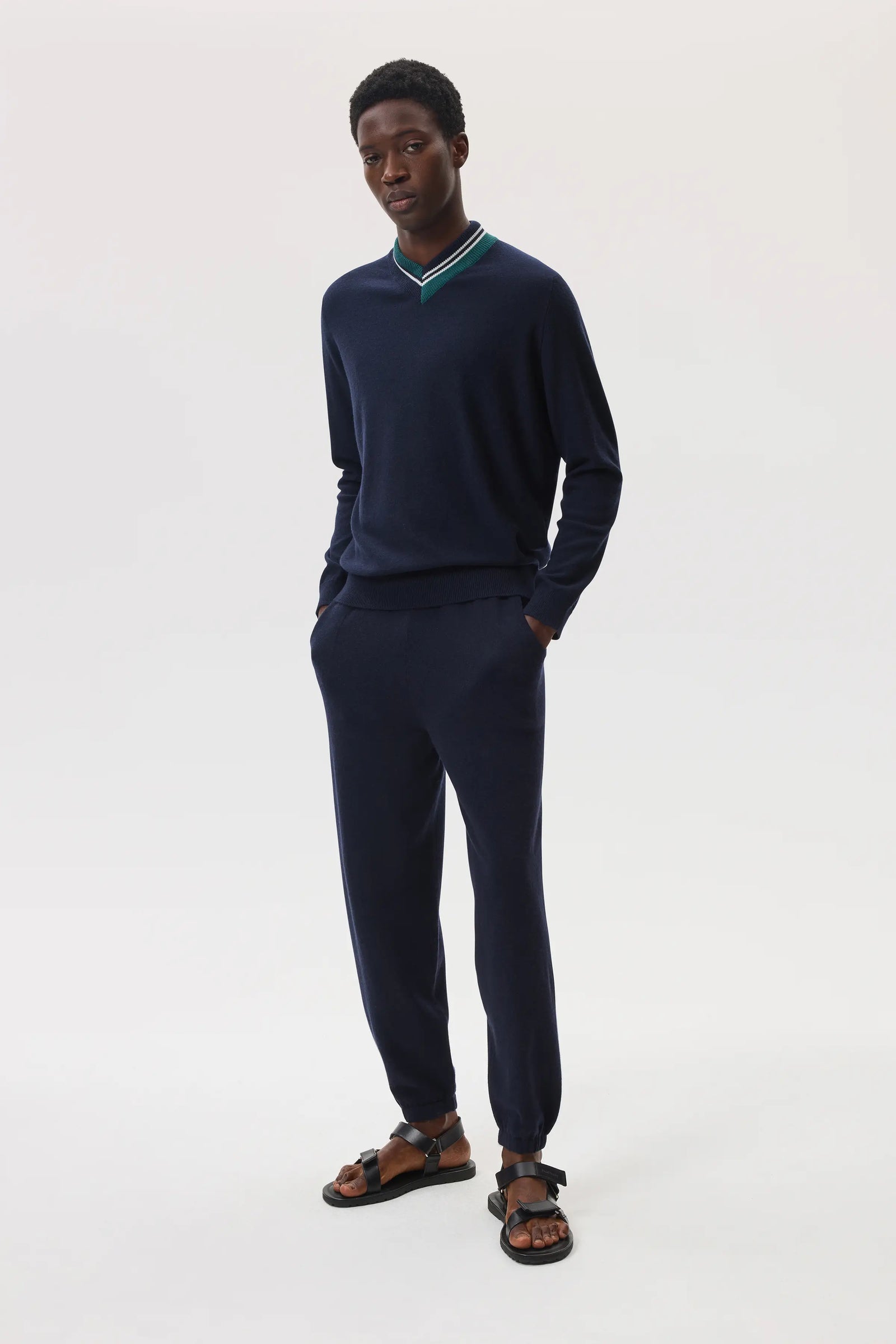 Cashmere V Neck Jumper With Striped Trim