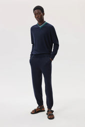 Cashmere Dark Navy V Neck Jumper with Striped Trim
