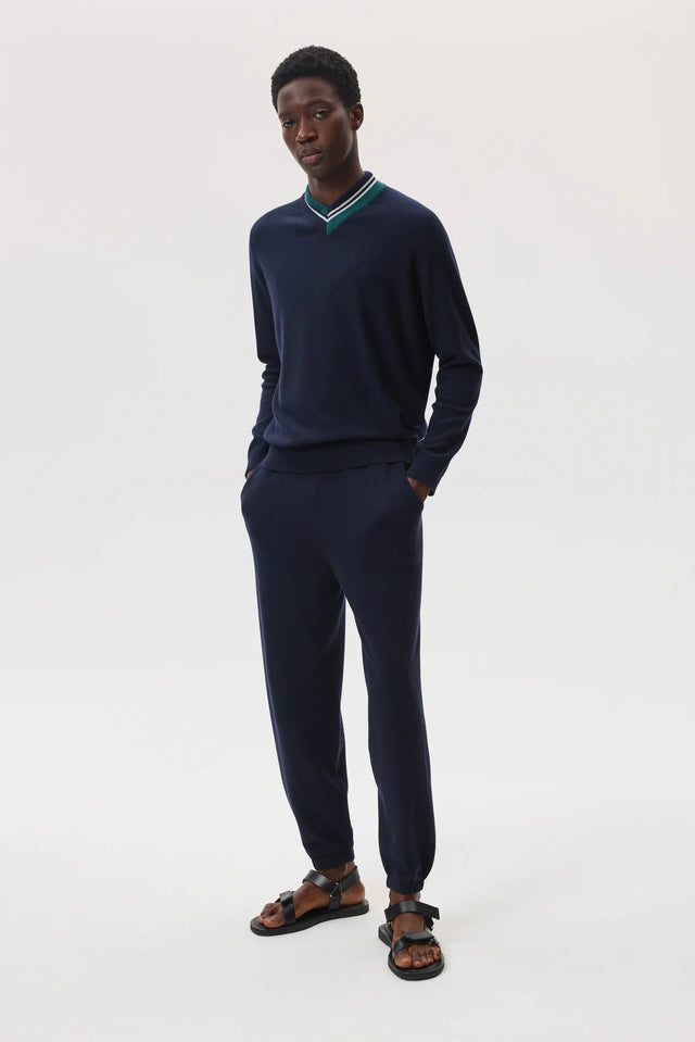 Cashmere Dark Navy V Neck Jumper with Striped Trim