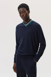 Cashmere Dark Navy V Neck Jumper with Striped Trim