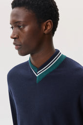 Cashmere V Neck Jumper With Striped Trim