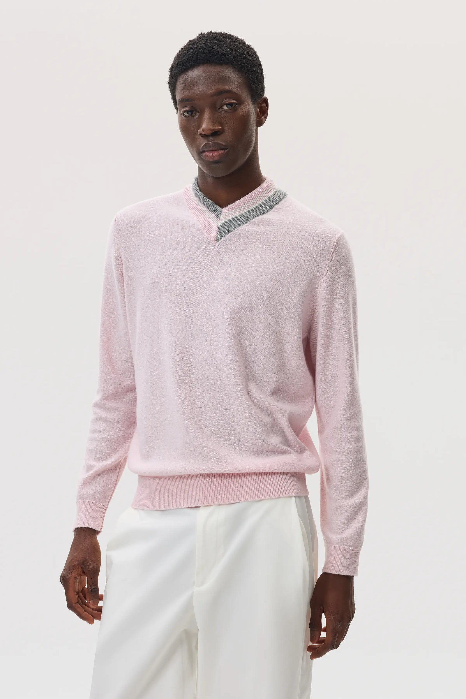 Pink Cashmere V Neck Jumper With Striped Trim