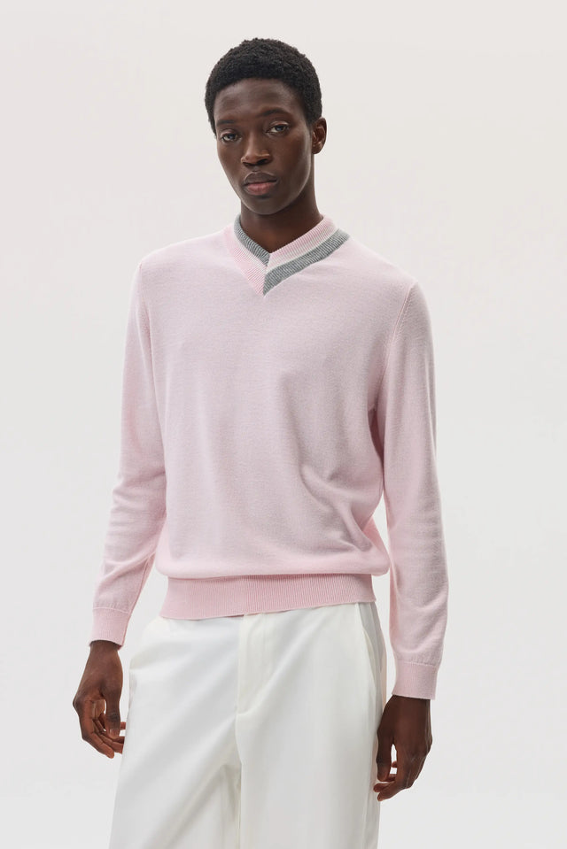 Cashmere V Neck with Striped Trim