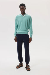 Cashmere V Neck Green Jumper with Striped Trim