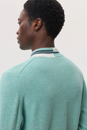 Cashmere V Neck Green Jumper with Striped Trim