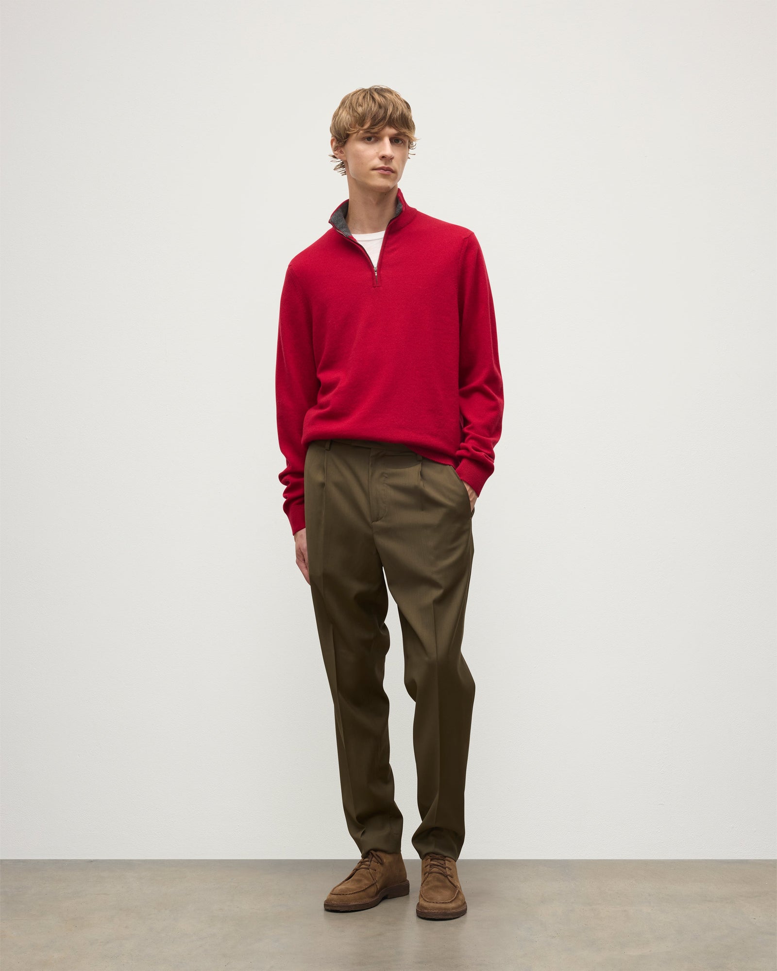 Rory Red Grey Classic Cashmere Contrast Zip Neck Jumper