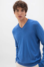 Superfine Merino V Neck Blue Jumper