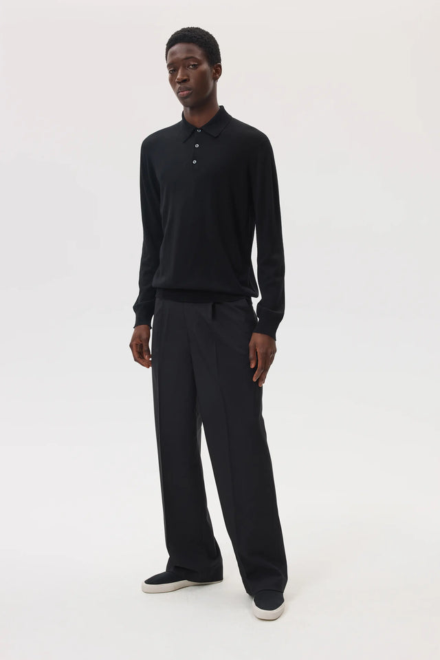 Merino Long Sleeve Black Polo Shirt