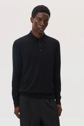 Merino Long Sleeve Black Polo Shirt